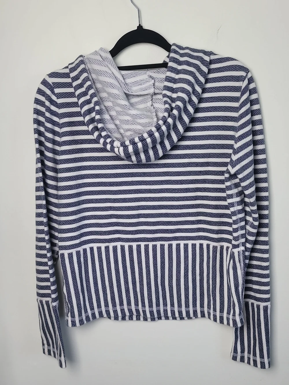 J Crew Blue White Stripe Hoodie M Kangaroo Pockets Drawstring Nautical